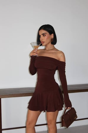 Kadın Siyah Madonna Yaka Mini Elbise YEL221798