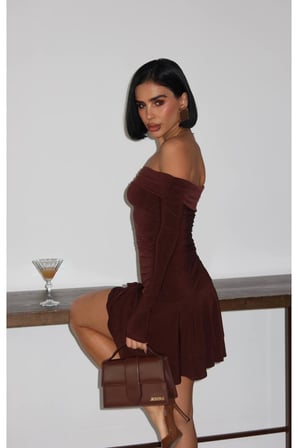 Kadın Siyah Madonna Yaka Mini Elbise YEL221798