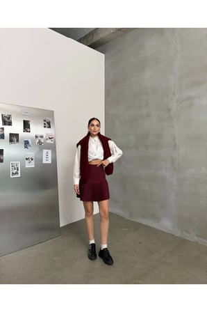 Kadın Ekru Kumaş Pileli Mini Etek Nwj-etk-258045
