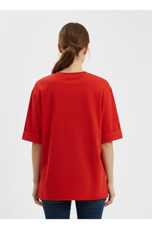Kadın Kırmızı 2 İplik Yanları Yırtmaçlı Basic T-Shirt NJ41