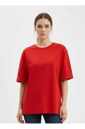 Kadın Kırmızı 2 İplik Yanları Yırtmaçlı Basic T-Shirt NJ41