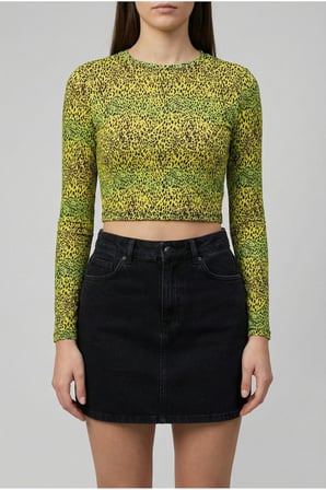 Kadın Siyah Bisiklet Yaka Desenli Crop Bluz NJ74