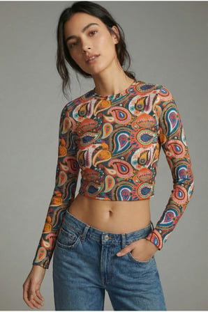 Kadın Siyah Bisiklet Yaka Desenli Crop Bluz NJ74