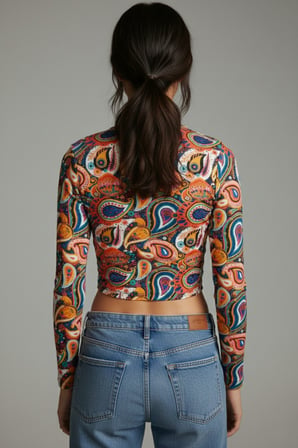 Kadın Siyah Bisiklet Yaka Desenli Crop Bluz NJ74