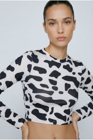 Kadın Siyah Bisiklet Yaka Desenli Crop Bluz NJ74