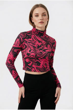 Kadın Fuşya Yarım Balıkçı Yaka Desenli Crop Bluz NJ75
