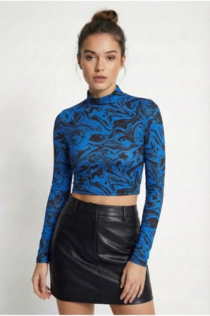 Kadın Fuşya Yarım Balıkçı Yaka Desenli Crop Bluz NJ75