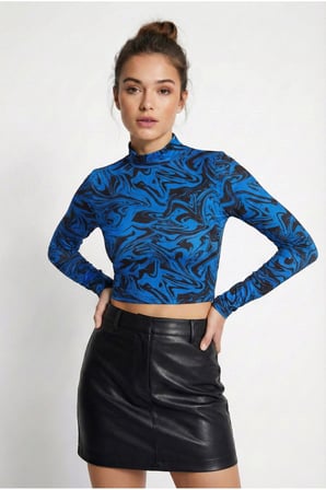 Kadın Fuşya Yarım Balıkçı Yaka Desenli Crop Bluz NJ75