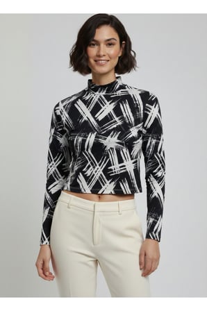 Kadın Fuşya Yarım Balıkçı Yaka Desenli Crop Bluz NJ75