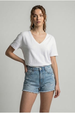 Kadın Beyaz V Yaka Basıc T-Shirt NJ77