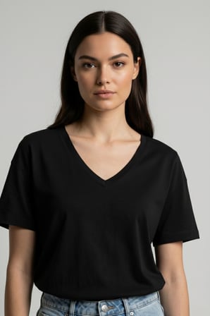 Kadın Siyah V Yaka Basıc T-Shirt NJ77