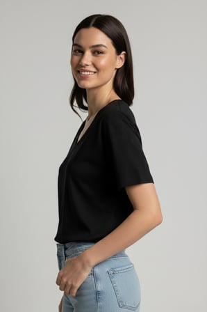 Kadın Siyah V Yaka Basıc T-Shirt NJ77