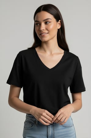 Kadın Siyah V Yaka Basıc T-Shirt NJ77