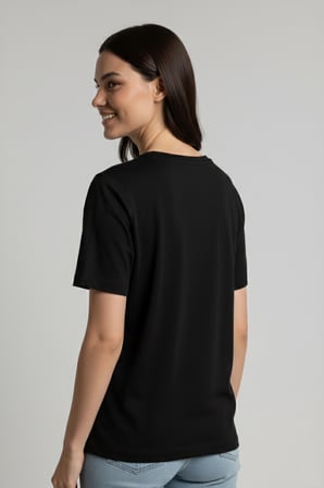 Kadın Siyah V Yaka Basıc T-Shirt NJ77