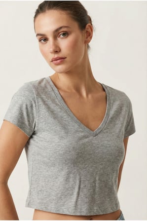 Kadın Siyah V Yaka Crop Basic T-Shirt NJ78