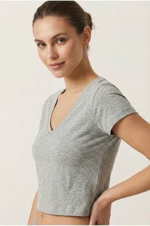 Kadın Siyah V Yaka Crop Basic T-Shirt NJ78
