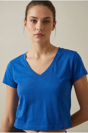 Kadın Saks V Yaka Crop Basic T-Shirt NJ78
