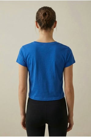 Kadın Saks V Yaka Crop Basic T-Shirt NJ78