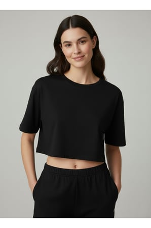 Kadın Siyah Bisiklet Yaka Crop Basic T-Shirt NJ79