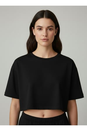 Kadın Siyah Bisiklet Yaka Crop Basic T-Shirt NJ79