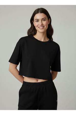 Kadın Siyah Bisiklet Yaka Crop Basic T-Shirt NJ79