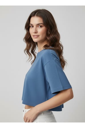 Kadın Siyah Bisiklet Yaka Crop Basic T-Shirt NJ79