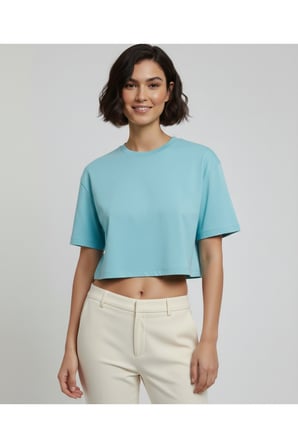 Kadın Turkuaz Bisiklet Yaka Crop Basic T-Shirt NJ79