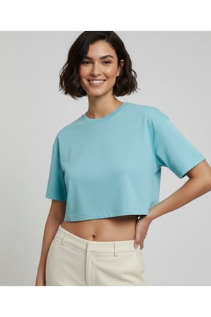 Kadın Turkuaz Bisiklet Yaka Crop Basic T-Shirt NJ79