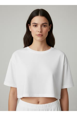 Kadın Beyaz Bisiklet Yaka Crop Basic T-Shirt NJ79