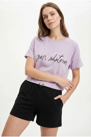 Kadın Pembe Bel Lastikli Ve Baskılı Crop T-Shirt NJ82