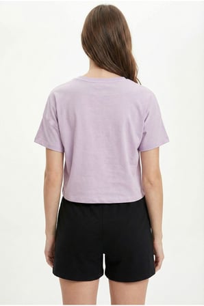 Kadın Pembe Bel Lastikli Ve Baskılı Crop T-Shirt NJ82