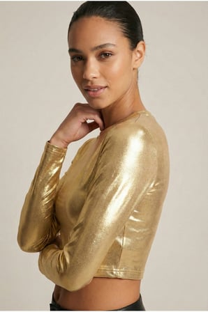 Kadın Gold Rengi Metalik Deri Görünümlü Bisiklet Yaka Crop Bluz NJ84