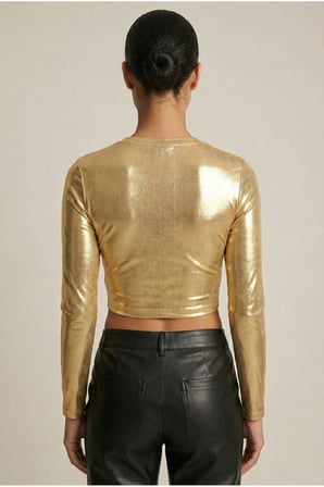 Kadın Gold Rengi Metalik Deri Görünümlü Bisiklet Yaka Crop Bluz NJ84
