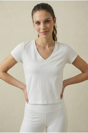 Kadın Siyah V Yaka Crop Basic T-Shirt NJ78