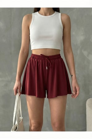 Kadın Bordo Bol Kesim Taytlı Spor Şort Etek NJ87