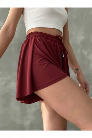 Kadın Bordo Bol Kesim Taytlı Spor Şort Etek NJ87