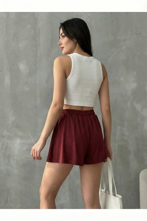 Kadın Bordo Bol Kesim Taytlı Spor Şort Etek NJ87