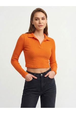 Kadın Bej Yumuşak Dokulu Polo Yaka Bluz NJ88