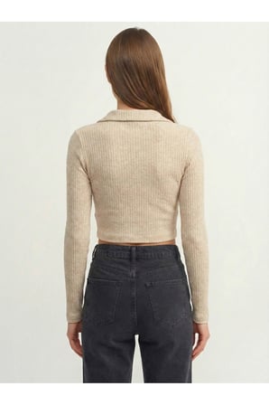 Kadın Bej Yumuşak Dokulu Polo Yaka Bluz NJ88