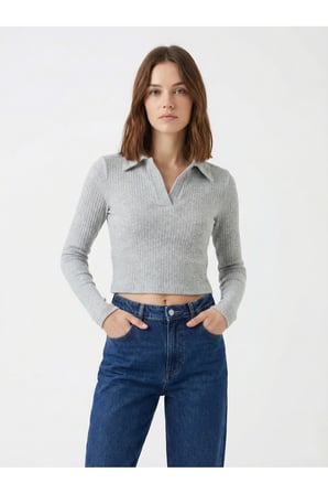 Kadın Bej Yumuşak Dokulu Polo Yaka Bluz NJ88