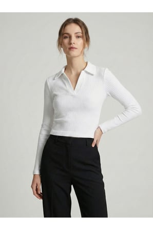 Kadın Bej Yumuşak Dokulu Polo Yaka Bluz NJ88