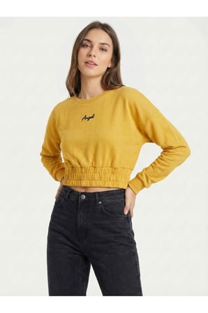 Kadın Hardal Beli Lastikli Crop Sweatshirt NJ89