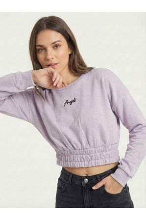 Kadın Lila Beli Lastikli Crop Sweatshirt NJ89