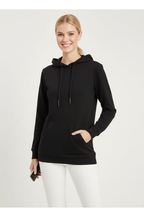 Kadın Siyah İki İplik Kapüşonlu Sweatshirt NJ91