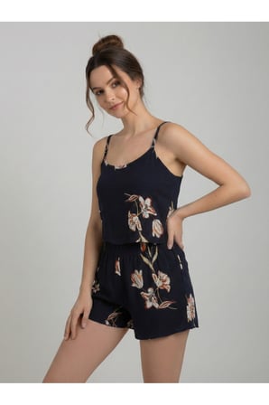 Kadın Siyah Çiçek Desenli Şortlu Pijama Takımı NJ93