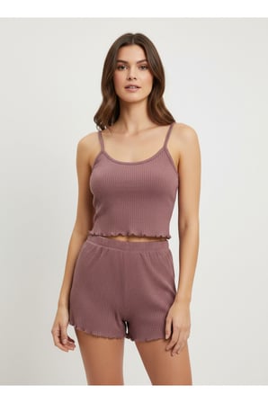 Kadın Ekru İp Askılı Beli Lastikli Şortlu Pijama Takımı NJ95