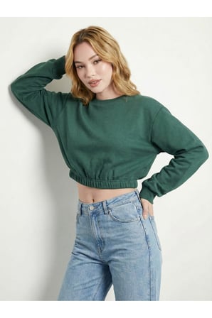 Kadın Yeşil Bisiklet Yaka Beli Lastikli Crop Sweatshirt JF10