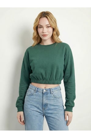 Kadın Yeşil Bisiklet Yaka Beli Lastikli Crop Sweatshirt JF10
