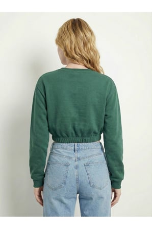 Kadın Yeşil Bisiklet Yaka Beli Lastikli Crop Sweatshirt JF10