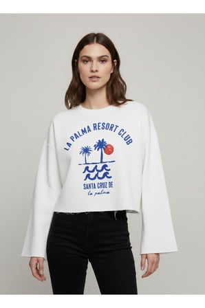 Kadın Beyaz Bisiklet Yaka Baskılı Crop Sweatshirt JF15